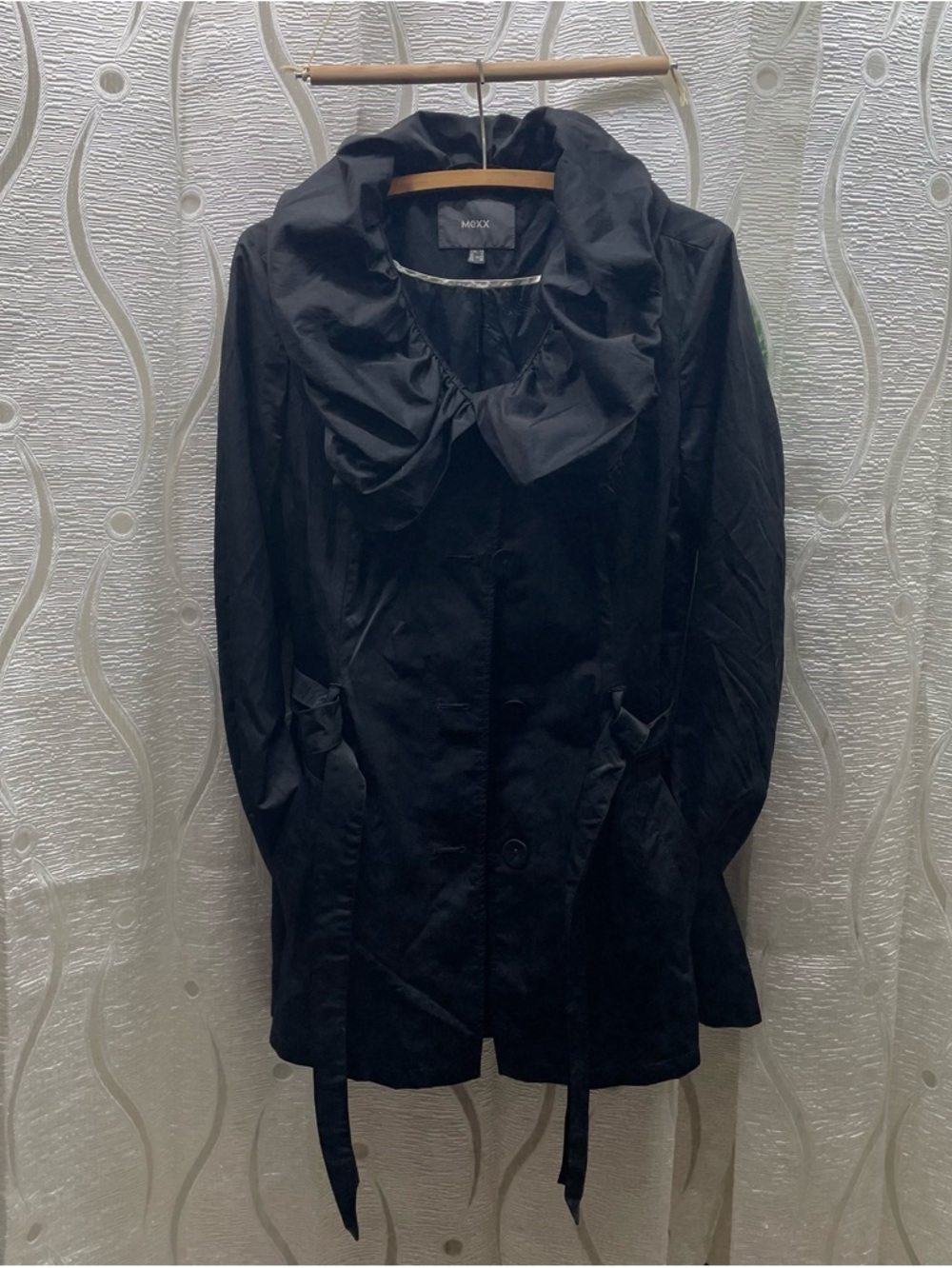 Mexx Trench Coat Womens 12 Black Excellent‎ Ruffle Collar Tie Waist Mid-Length